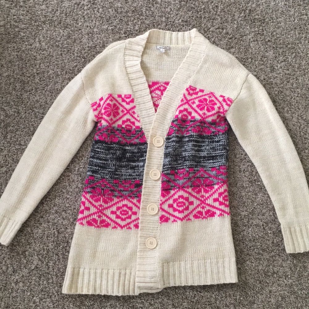 Pink black and cream patterned cardigan